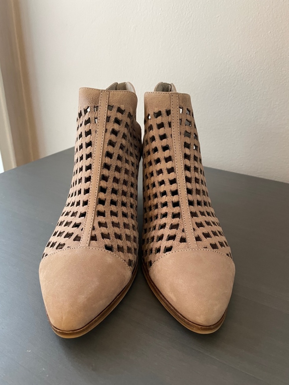 Vince Camuto Tan Perforated Suede Pointed Ankle Booties